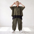 Khaki Lyocellbluse aus weichem Twill mit Hemdkragen gerundetem Schnitt und 3/4-Arm