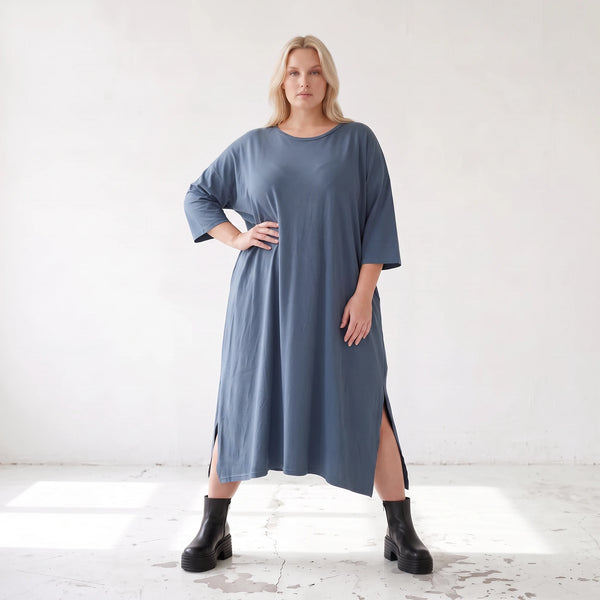 Petrolfarbenes Lyocelltwillkleid in A-Linie mit V-Ausschnitt und 3/4-Arm Seitentaschen