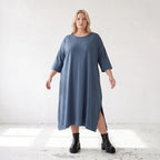 Petrolfarbenes Lyocelltwillkleid in A-Linie mit V-Ausschnitt und 3/4-Arm Seitentaschen