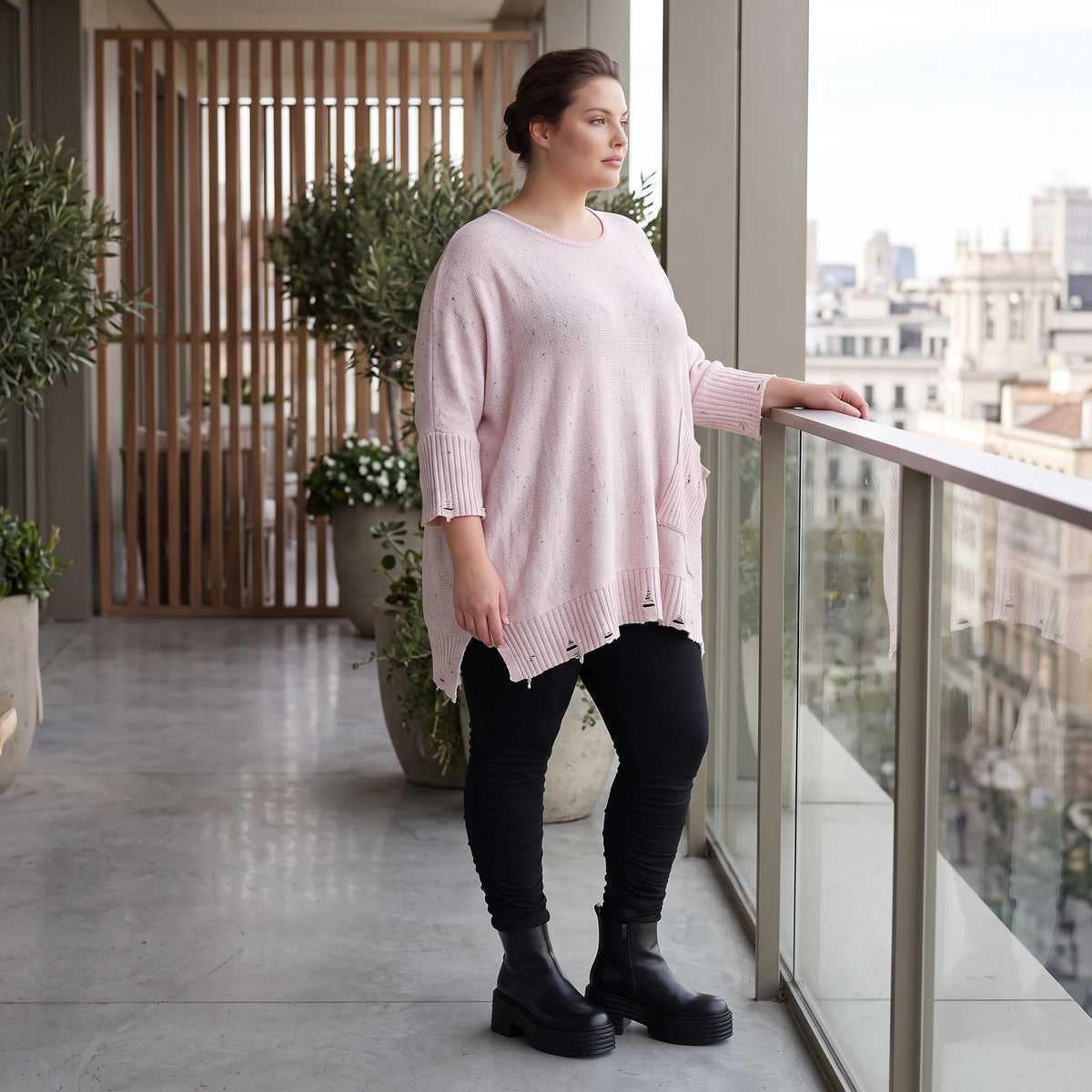 Altrosa Strickshirt aus Baumwolle in A-Linie mit Destroyedoptik weich für Winterlooks