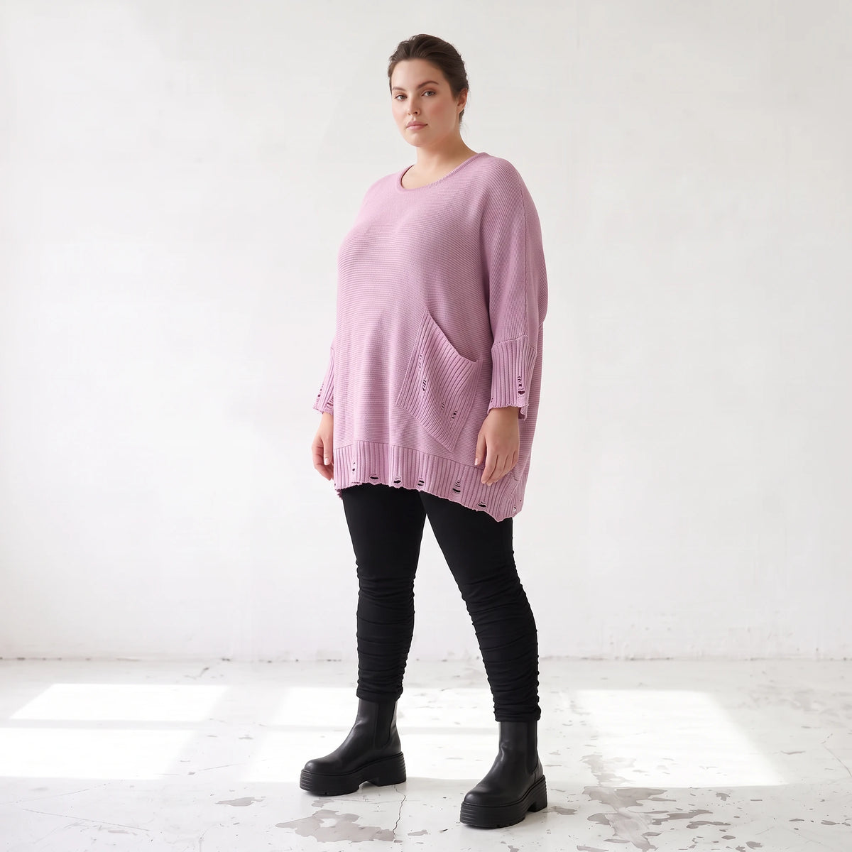 Flieder Strickshirt in A-Linie mit Destroyed-Optik kuschelig weich winterwarmes Basic