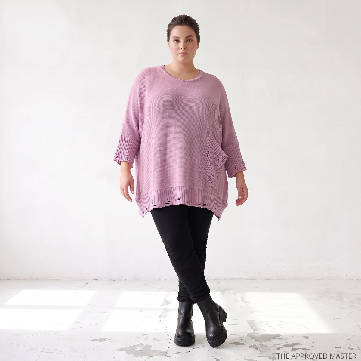 Flieder Strickshirt in A-Linie mit Destroyed-Optik kuschelig weich winterwarmes Basic