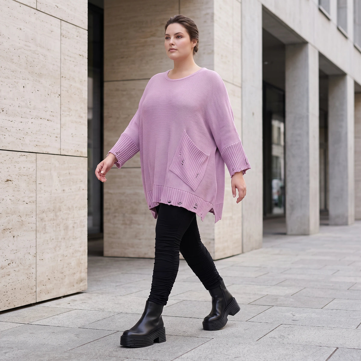 Flieder Strickshirt in A-Linie mit Destroyed-Optik kuschelig weich winterwarmes Basic