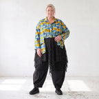 Gelb/Multi Jerseyjacke in A-Linie mit Netzeinsatz Hemdkragen Knopfleiste Zipfelsaum