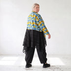 Gelb/Multi Jerseyjacke in A-Linie mit Netzeinsatz Hemdkragen Knopfleiste Zipfelsaum