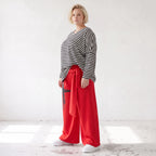 Warme Marlenehose aus Fleece mit Stretch elastischem Bund Bindegürtel und weitem Bein
