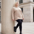Beiger Ribb Hoodie mit Kapuze geradem Schnitt und Elasthan weiches Basic für den Alltag