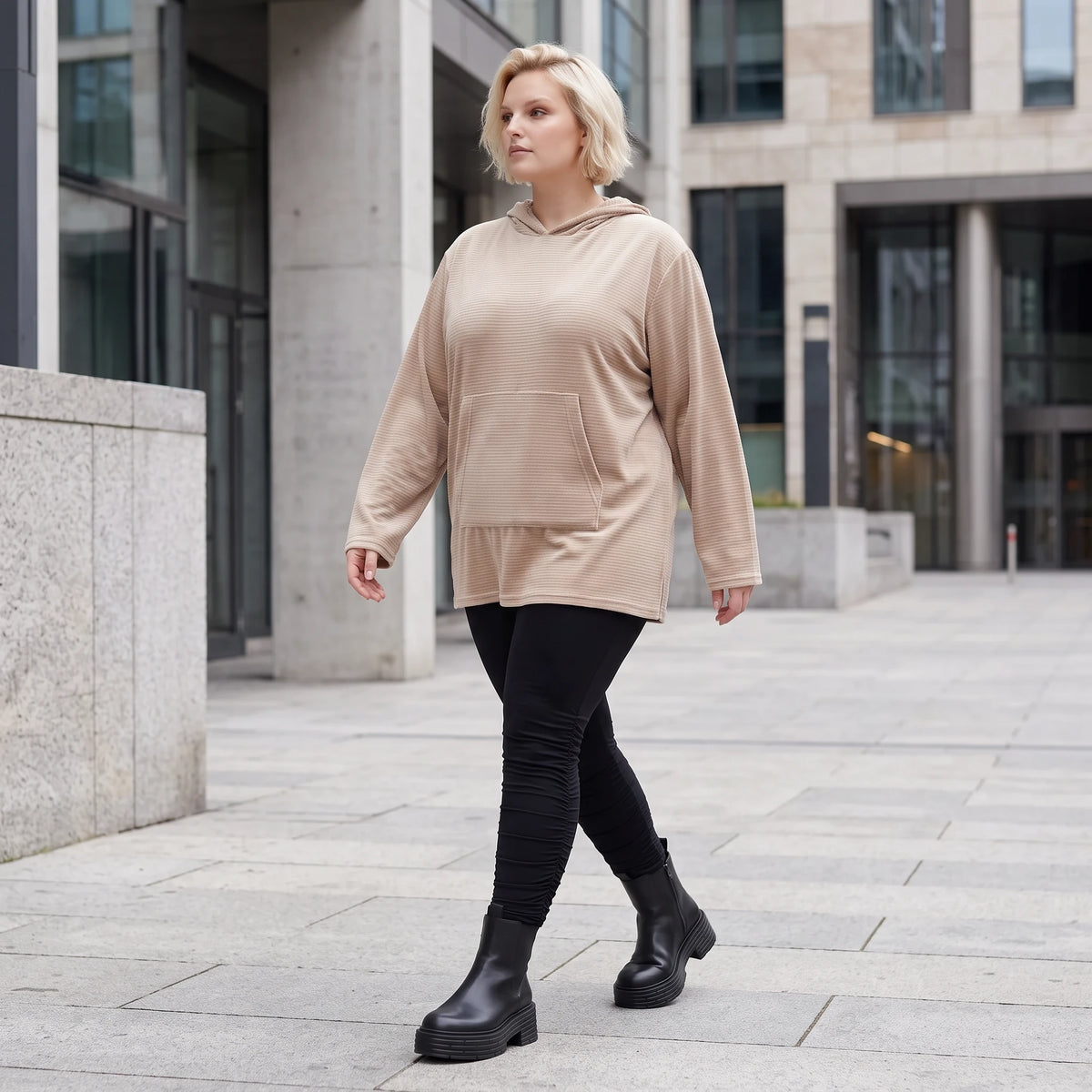 Beiger Ribb Hoodie mit Kapuze geradem Schnitt und Elasthan weiches Basic für den Alltag