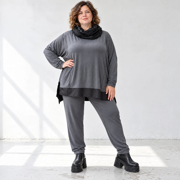 Graue Karottenleggings aus Jersey mit Stretch und Elastikbund weich und bequem warm