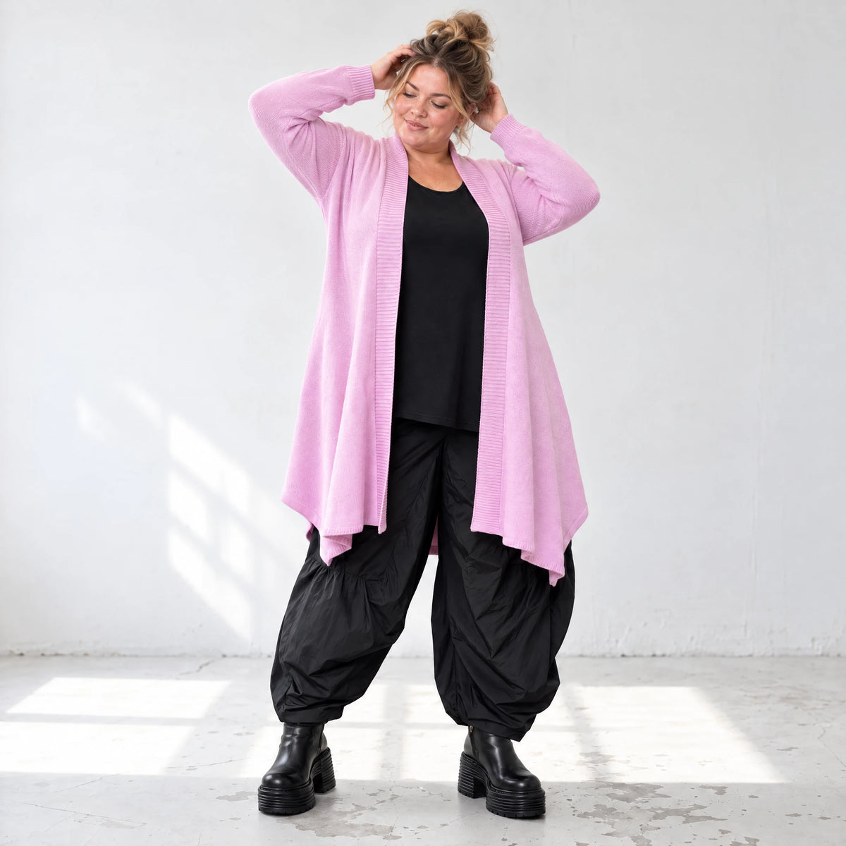 Offener Baumwollstrickcardigan in A-Linie weich warm mit Glockenform ohne Verschluss
