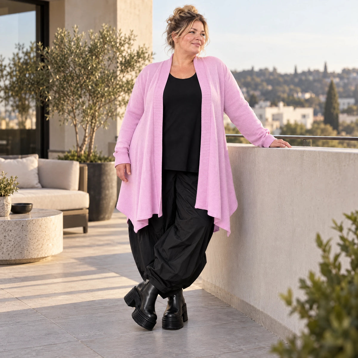 Offener Baumwollstrickcardigan in A-Linie weich warm mit Glockenform ohne Verschluss