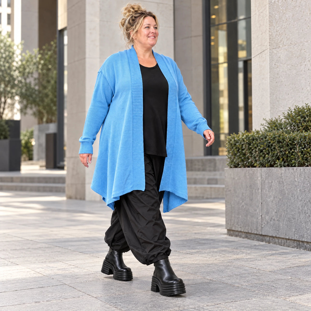 Baumwollstrick Cardigan in A-Linie mit Stehkragen langen Ärmeln und Seitentaschen