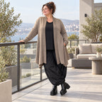 Taupe Strickcardigan in Glockenform mit Stehkragen Seitentaschen Baumwollstretch