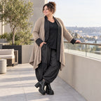 Cardigan aus Baumwolle in Taupe mit Stehkragen A-Linie und Seitentaschen offen leicht