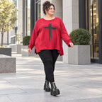 Langarmshirt in Rot mit Rundhalsausschnitt und fließender A-Linie aus Stretchjersey