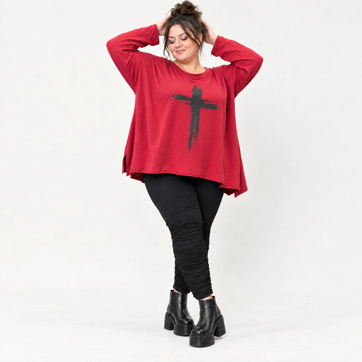 Langarmshirt in Rot mit Rundhalsausschnitt und fließender A-Linie aus Stretchjersey