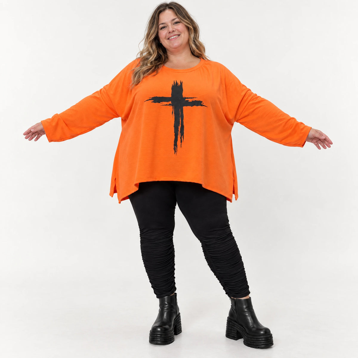 Langarmshirt in Orange aus weichem Stretchjersey mit schmeichelnder A-Linie für jeden Tag