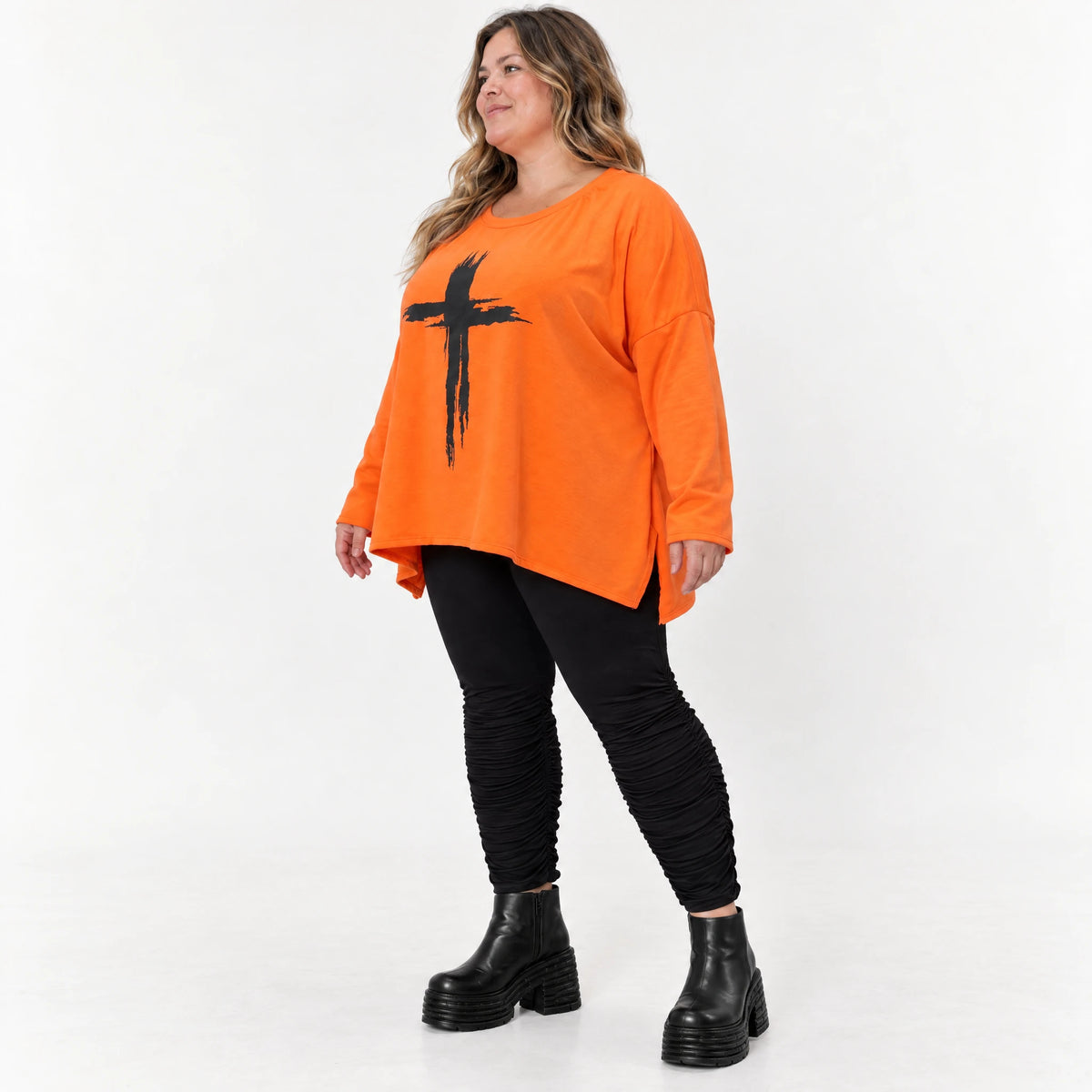 Langarmshirt in Orange aus weichem Stretchjersey mit schmeichelnder A-Linie für jeden Tag