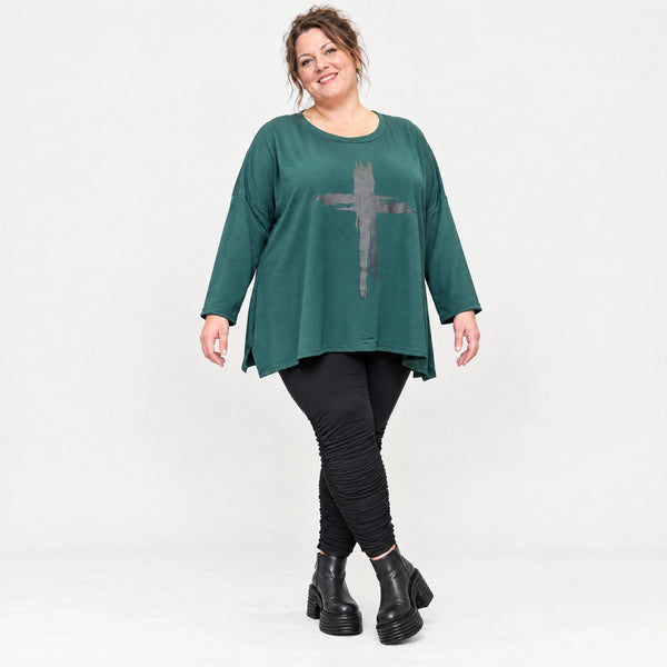 Langarmshirt in Dunkelgrün mit fließender A-Linie aus feinem Stretchjersey für den Winter