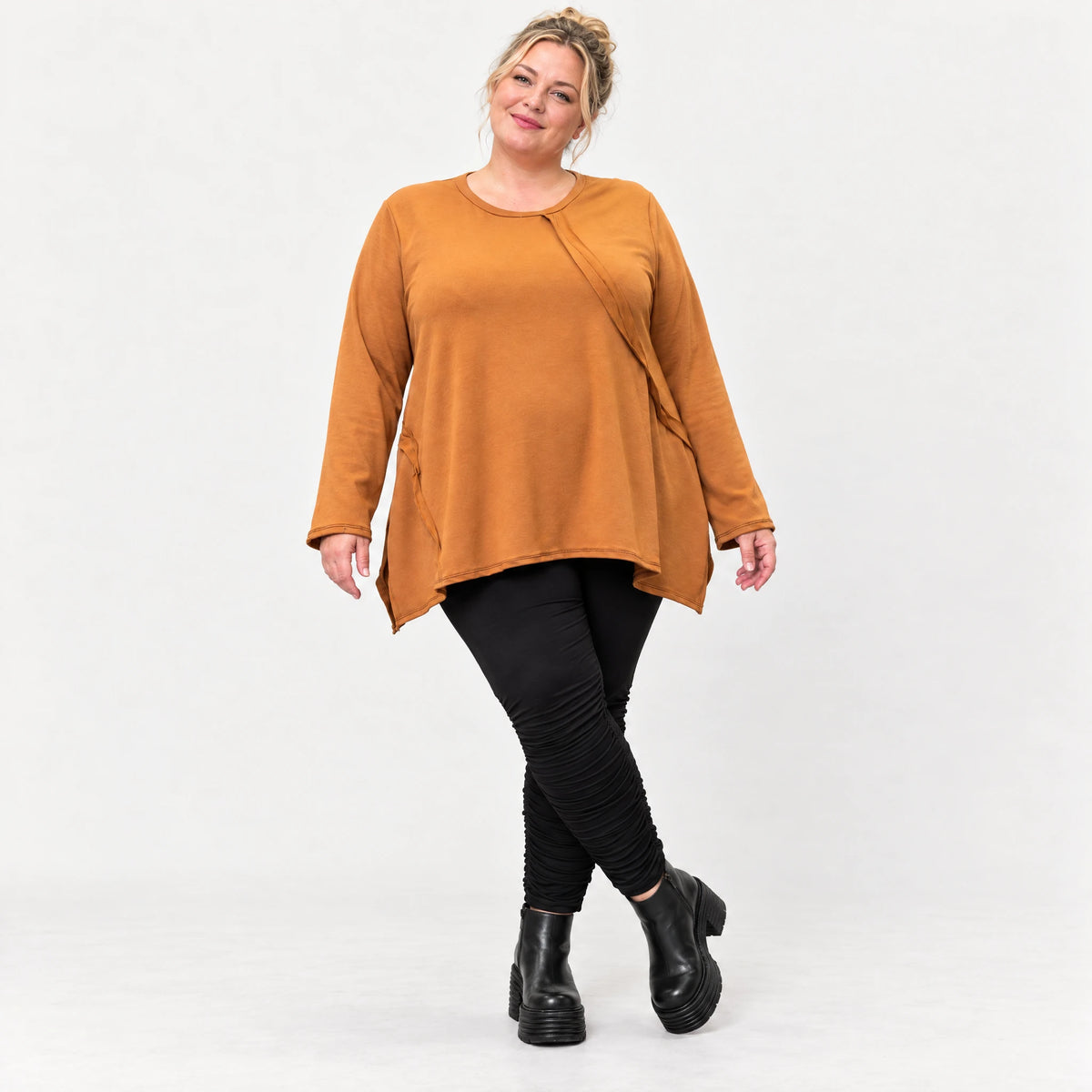 Langarmshirt in Braun aus weichem Stretchjersey mit fließender A-Linie für den Alltag