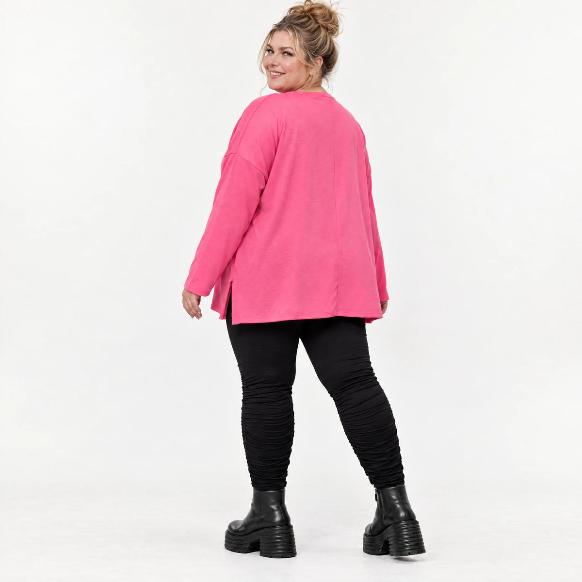 Langarmshirt in Pink aus Baumwolle mit Elasthan und Rundhalsausschnitt in weiter A-Linie