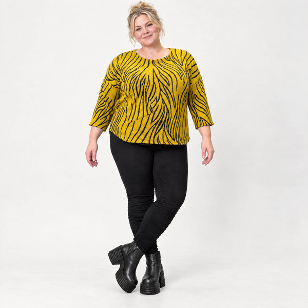 Flauschiges Strickoberteil Gelb/Schwarz mit Rundhalsausschnitt und aufgesetzten Taschen