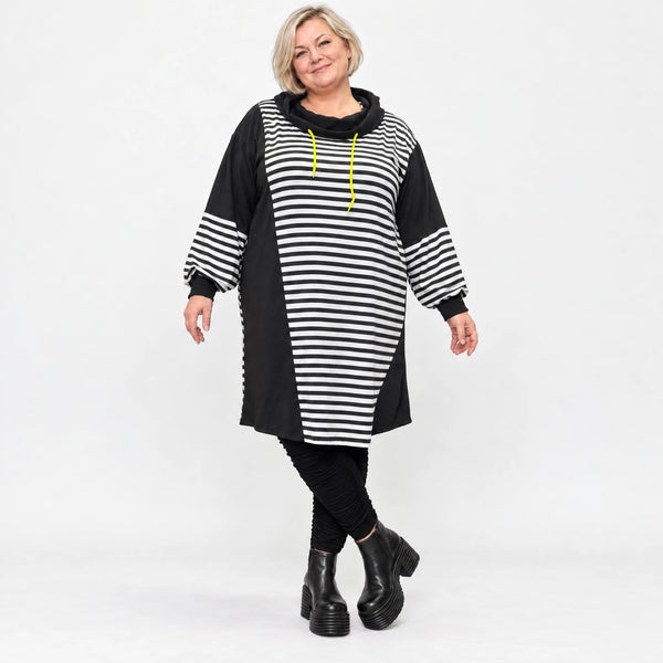 Gestreiftes Winterkleid aus Stretchjersey in Gelb/Schwarz/Weiß mit gerader Schnittform