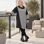 Gestreiftes Winterkleid aus Stretchjersey in Gelb/Schwarz/Weiß mit gerader Schnittform