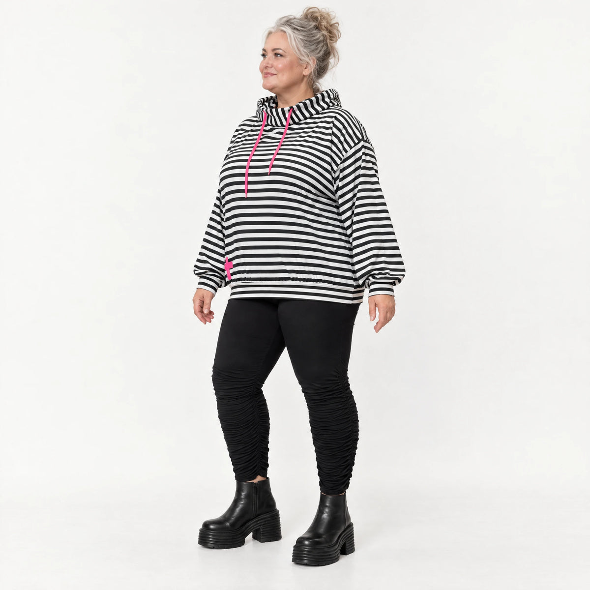 Gestreifter Hoody in Schwarz/Weiß/Pink aus weichem Stretchjersey mit Kapuze ungefüttert