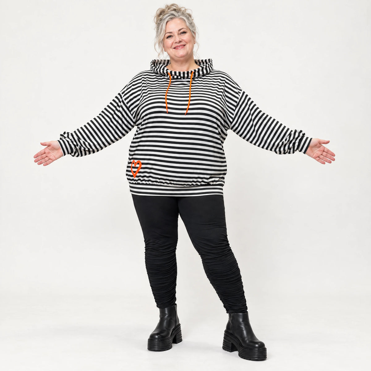 Gestreifter Hoodie in Orange/Schwarz/Weiß aus Stretchjersey mit Kapuze und Tunnelzug