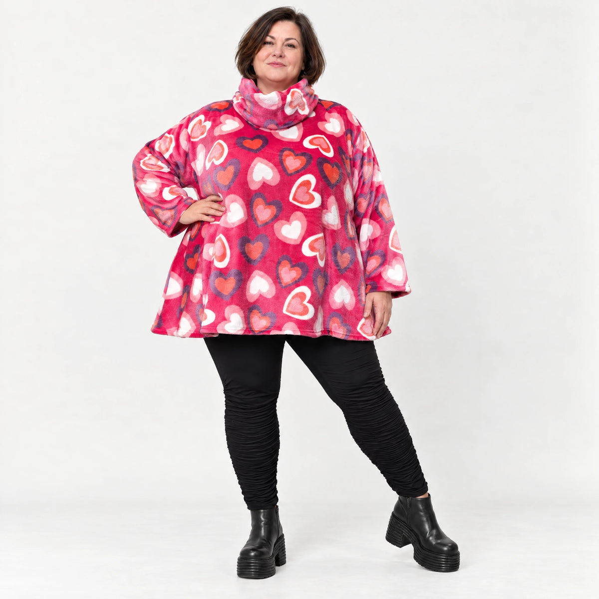 Flauschiges Langarmshirt in Pink/Rosa/Weiß mit Rollkragen und lockerer A-Linie aus Plüsch