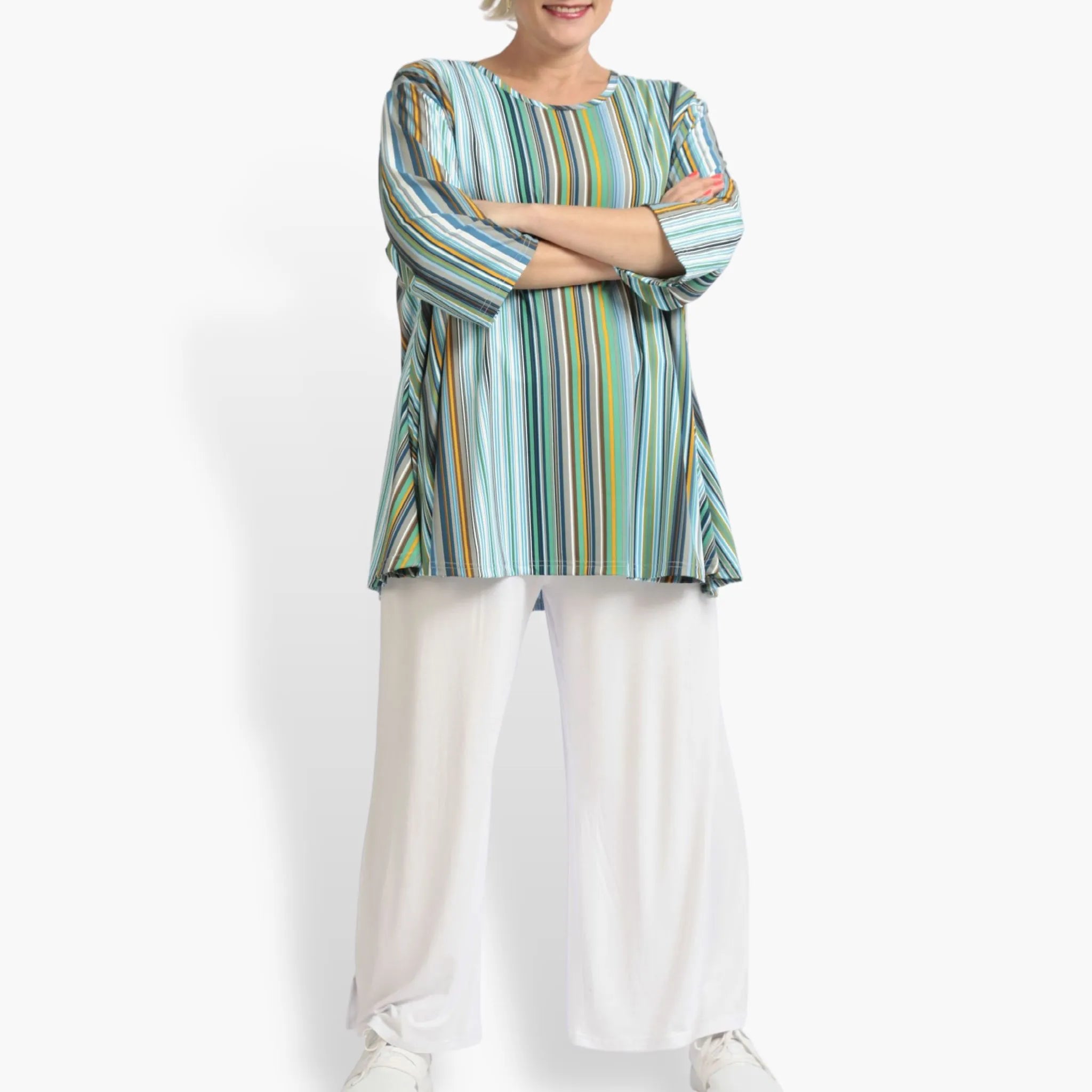  AKH Fashion Shirt in Glocken-Form, aus Materialmix, 1078.01892, Blau, Streifen, Schick