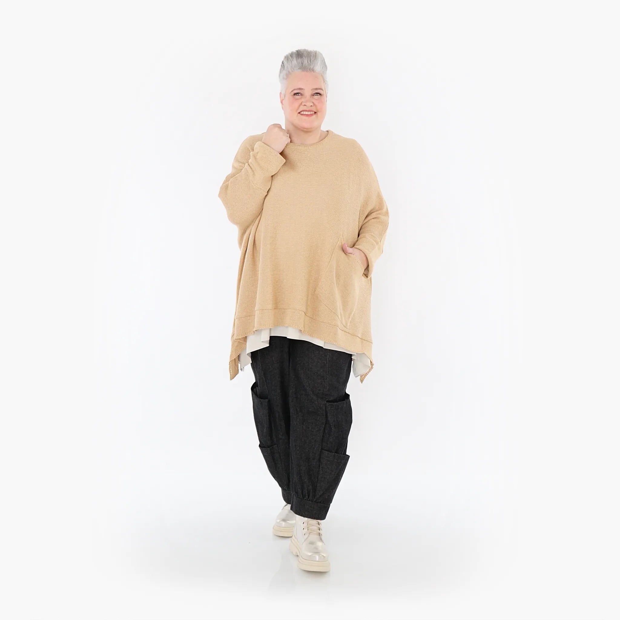  A-Form Bigshirt von AKH Fashion aus Baumwolle, 1110.02307, Beige, Ausgefallen, Zeitlos