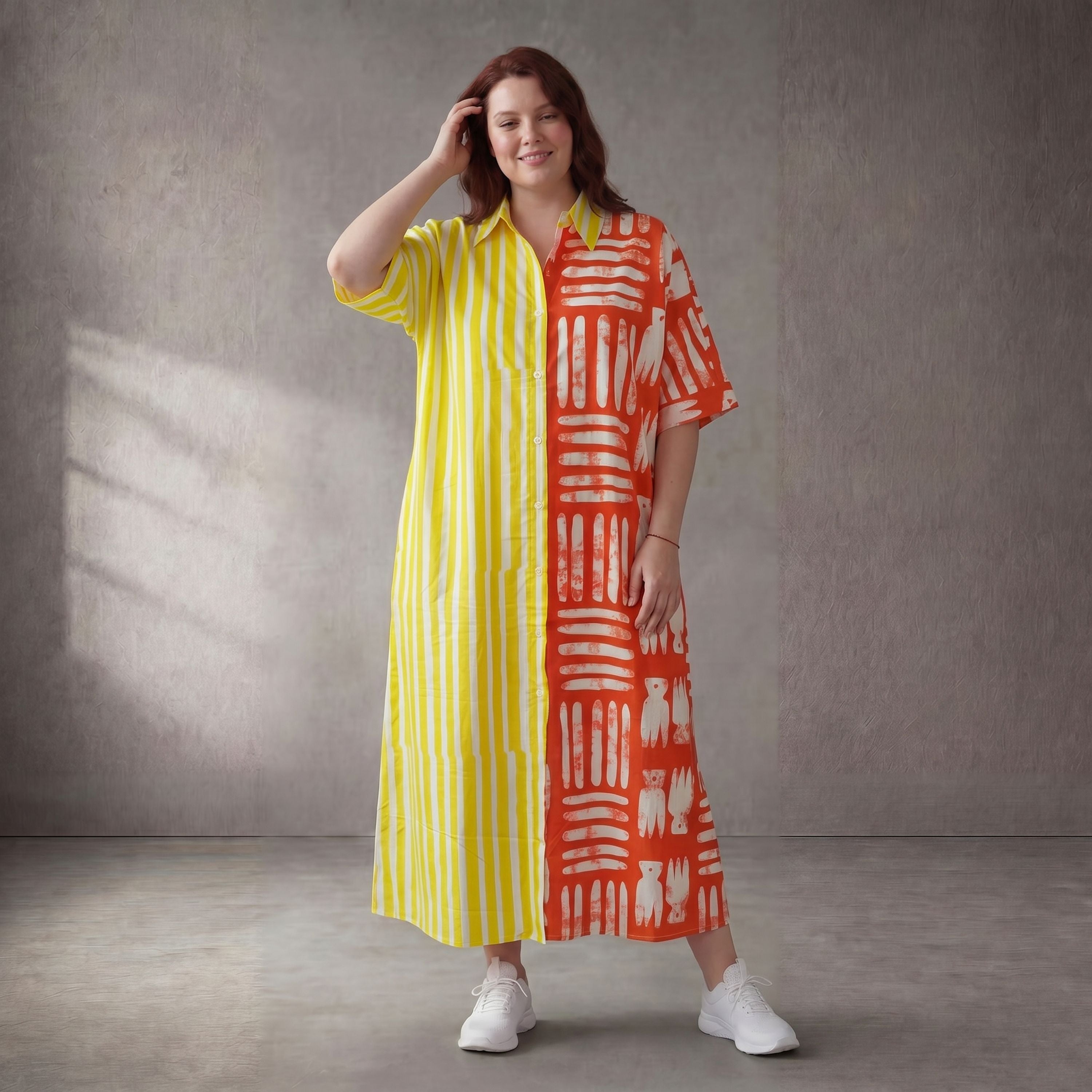 Leichtes Baumwoll Streifenkleid in Orange Gelb Oversize Lagenlook zeitlos leger Style