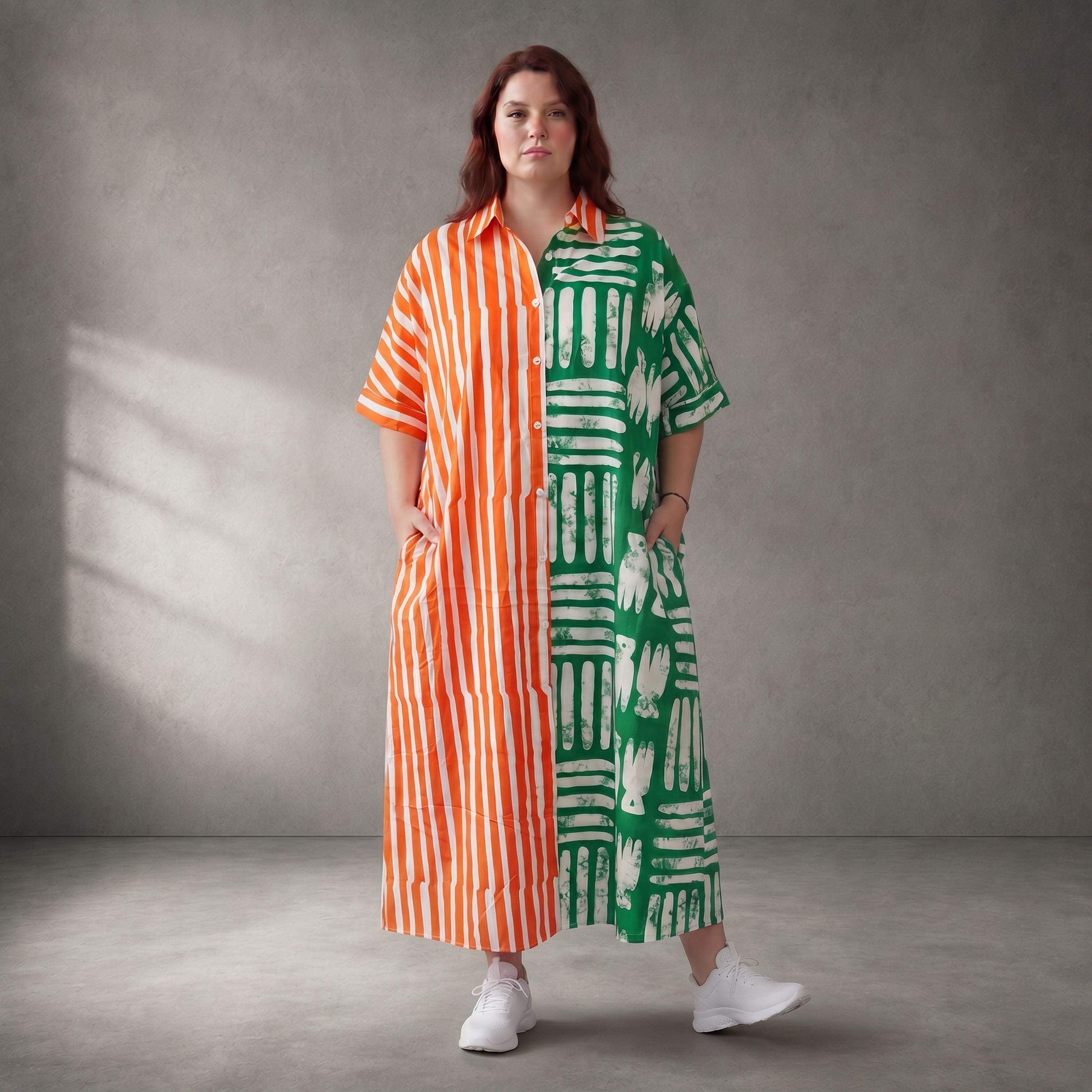 Leichtes zartes Streifenkleid Orange Grün aus Baumwolle Oversize Lagenlook bequem luftig