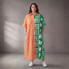 Leichtes zartes Streifenkleid Orange Grün aus Baumwolle Oversize Lagenlook bequem luftig