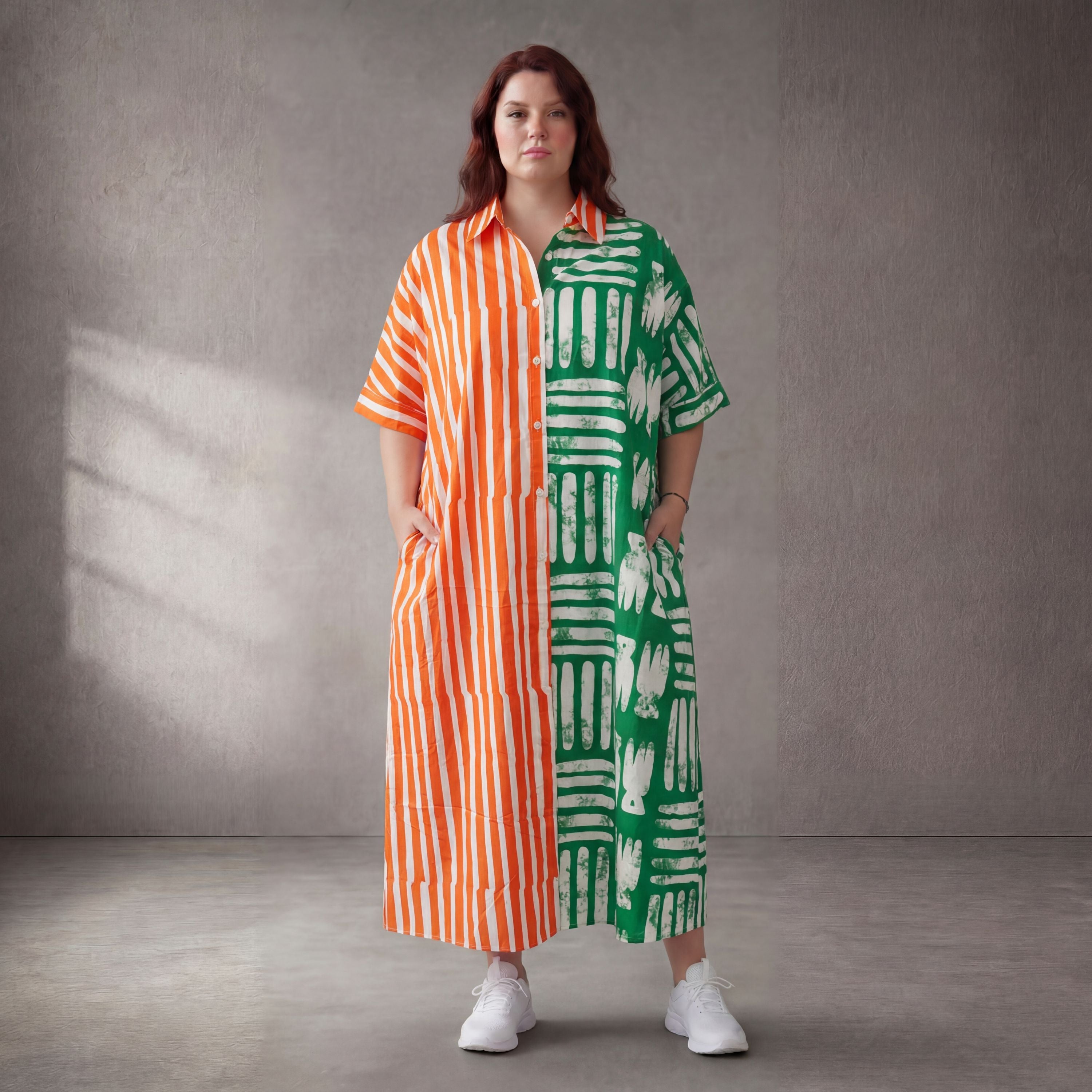 Leichtes zartes Streifenkleid Orange Grün aus Baumwolle Oversize Lagenlook bequem luftig