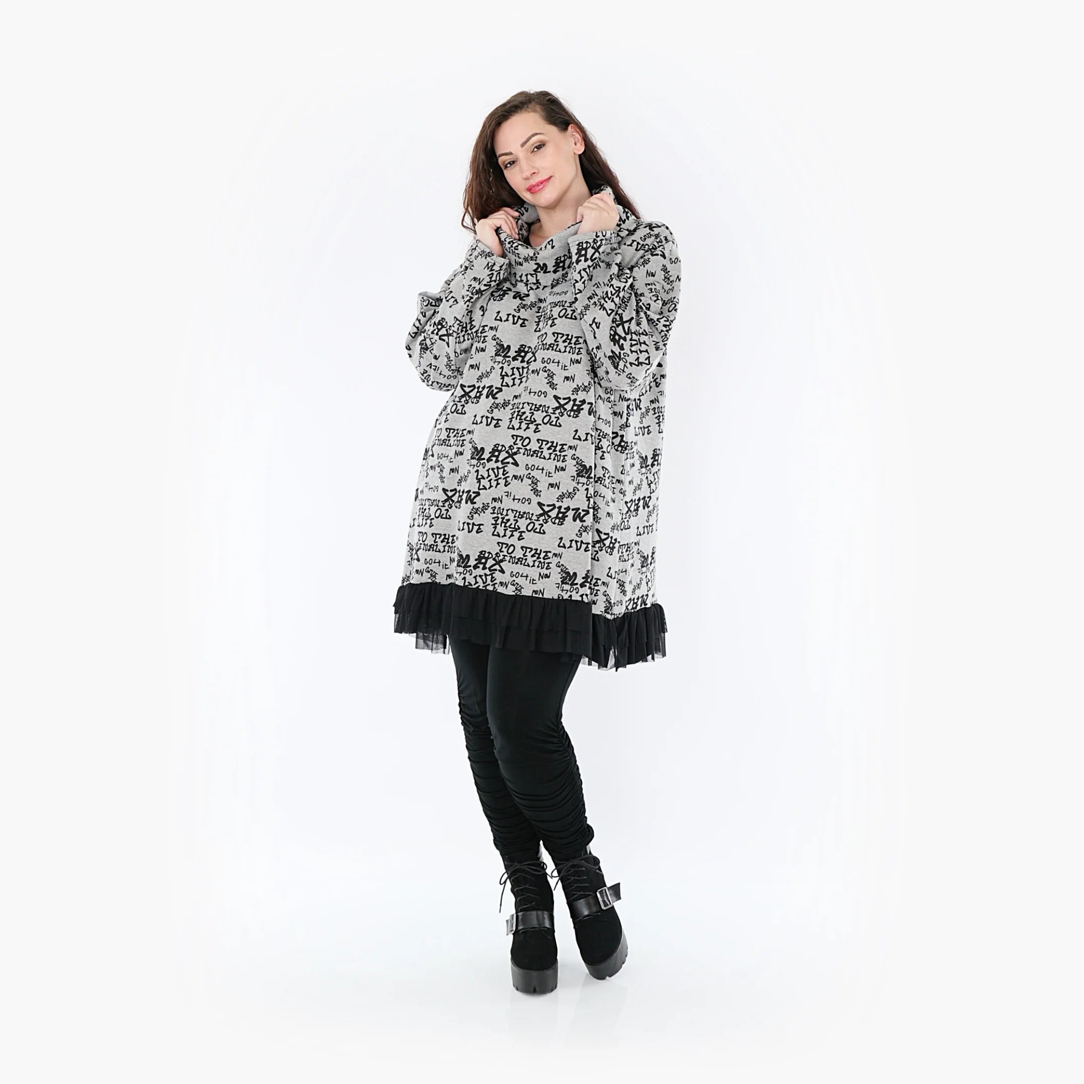  A-Form Bigshirt von AKH Fashion aus Baumwolle, 1376.01919, Grau-Schwarz, Buchstaben, Schick