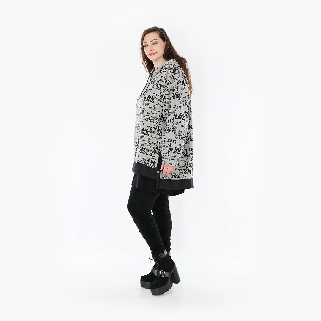  Kuschelweiches Shirt in Grau-Schwarz mit Buchstaben-Muster für Plus Size und Curvy Styles