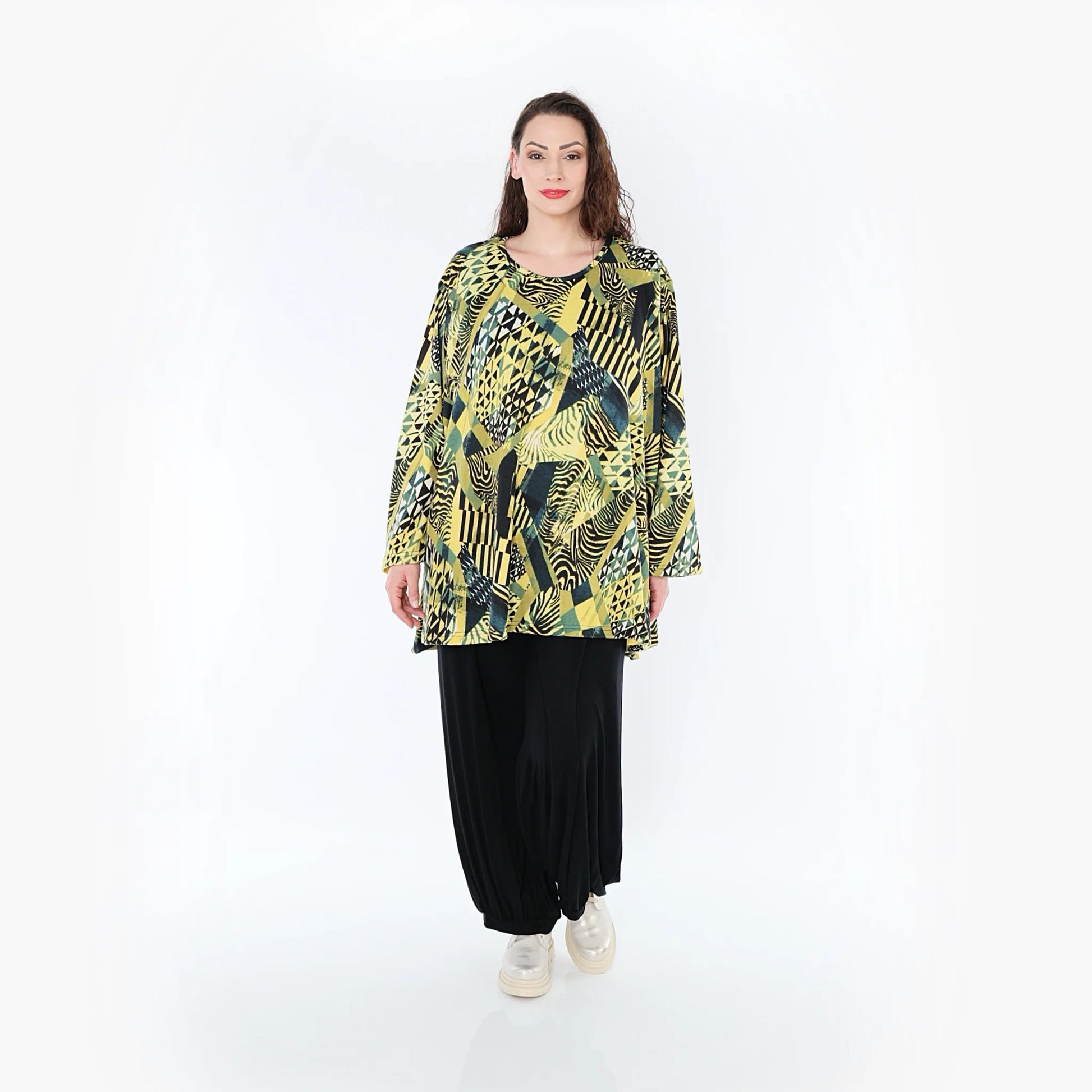  A-Form Bigshirt von AKH Fashion aus Viskose, 1396.00593, Senf-Olive-Schwarz, Grafik, Schick