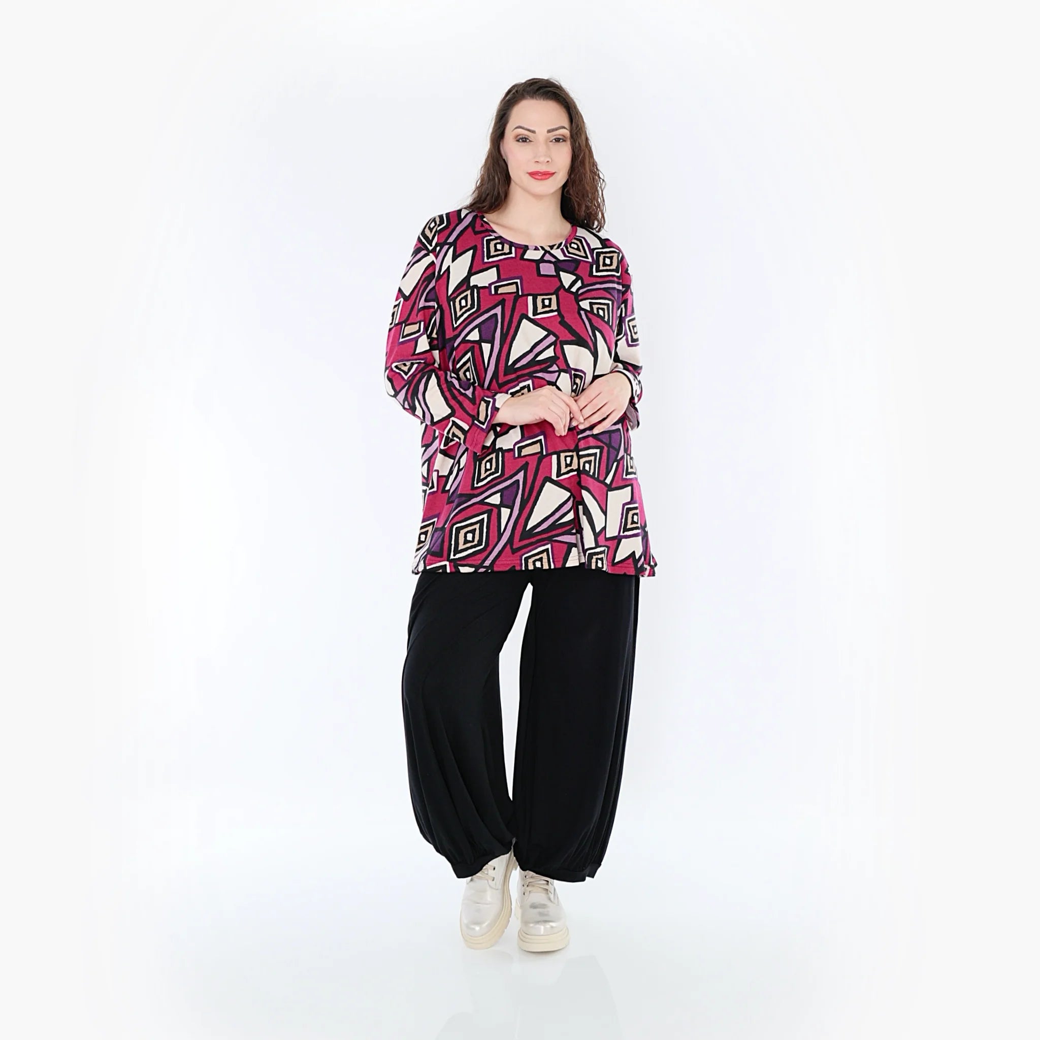  AKH Fashion Shirt in Glocken-Form, aus Viskose, 1397.01892, Fuchsia-Schwarz-Creme, Aztec