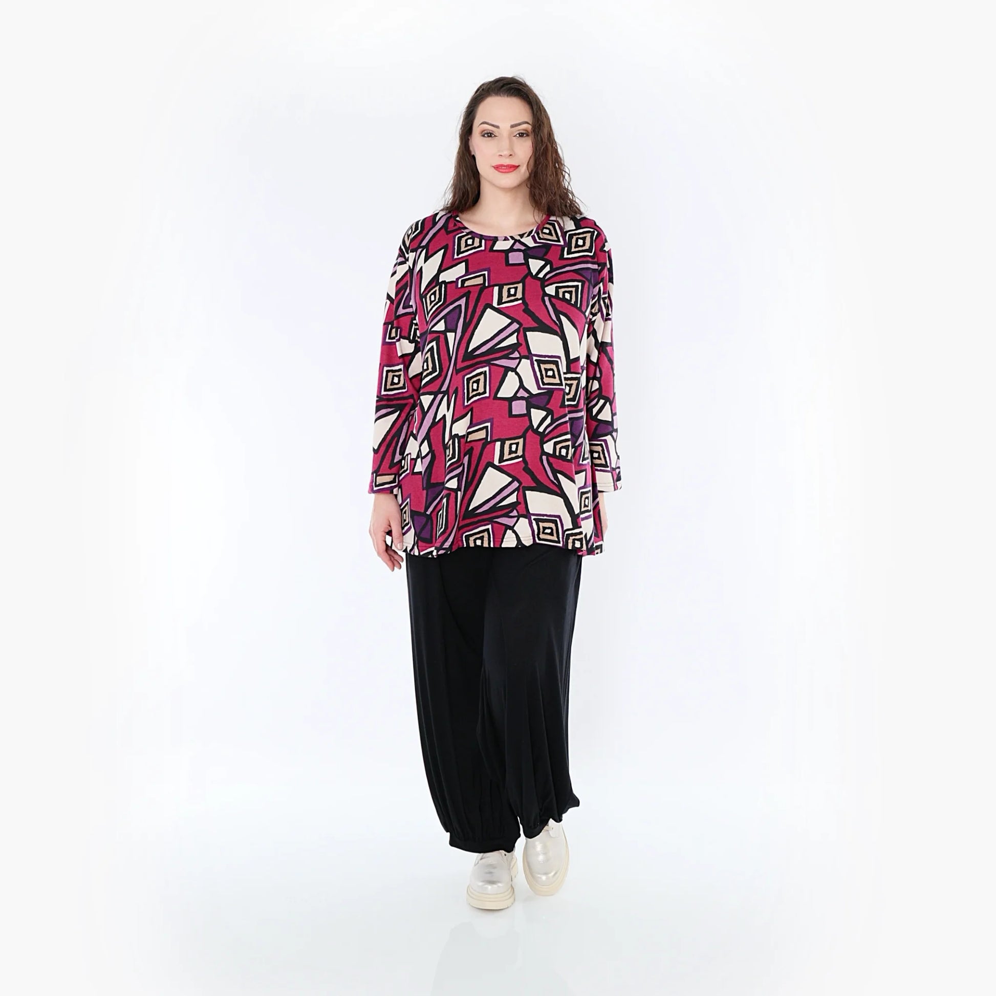  AKH Fashion Shirt in Glocken-Form, aus Viskose, 1397.01892, Fuchsia-Schwarz-Creme, Aztec