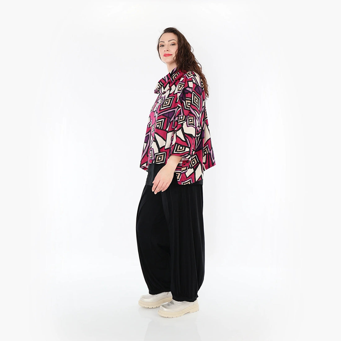  AKH Fashion Bigshirt in kastiger Form, aus Viskose, 1397.03019, Fuchsia-Schwarz-Creme, Aztec