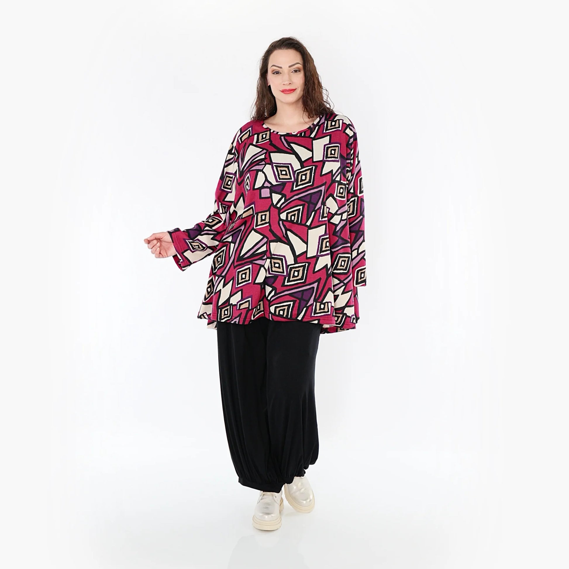  A-Form Bigshirt von AKH Fashion aus Viskose, 1397.00593, Fuchsia-Schwarz-Creme, Aztec