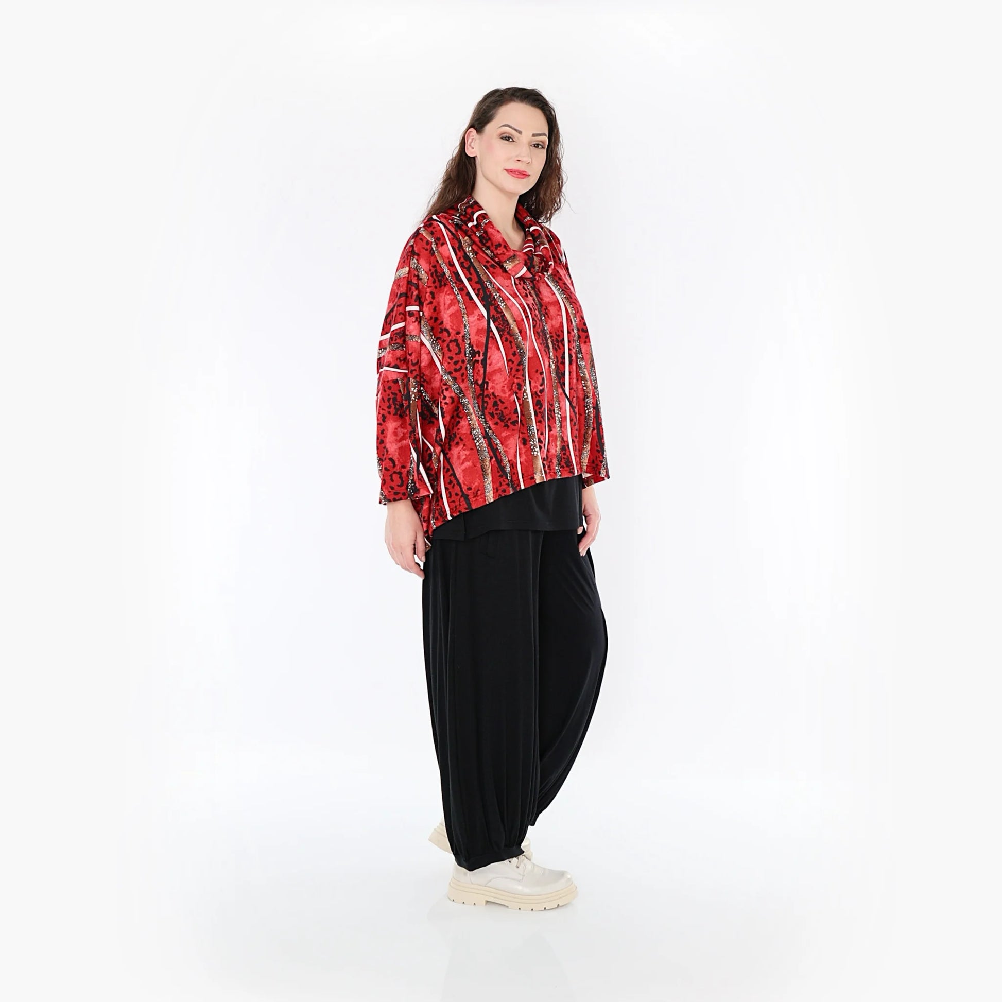  AKH Fashion Bigshirt in kastiger Form, aus Viskose, 1398.03019, Rot-Cognac-Schwarz, Streifen