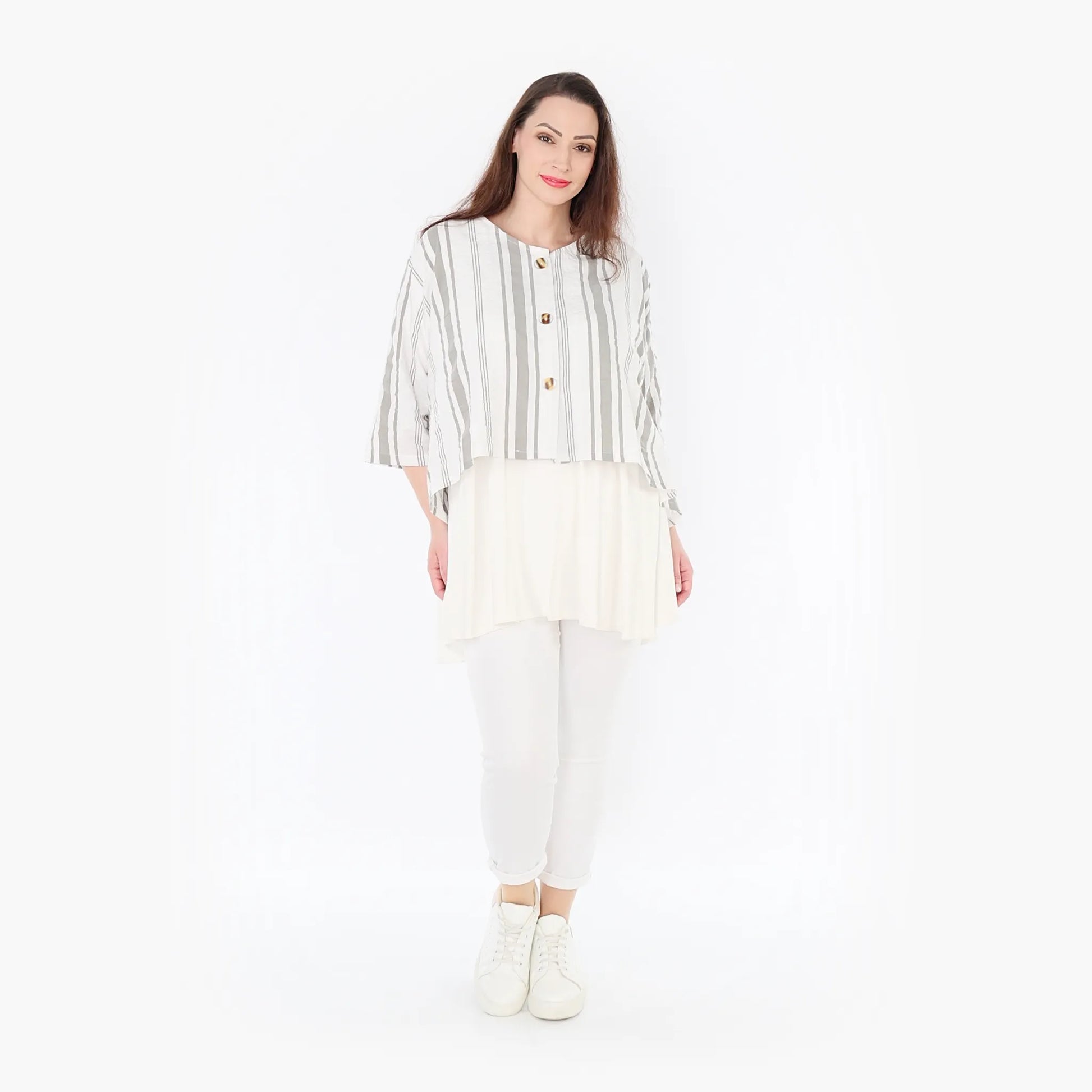  AKH Fashion Jacke in gerundeter Form, aus Baumwolle, 1420.00130, Weiß/Kiwi, Blockstreifen