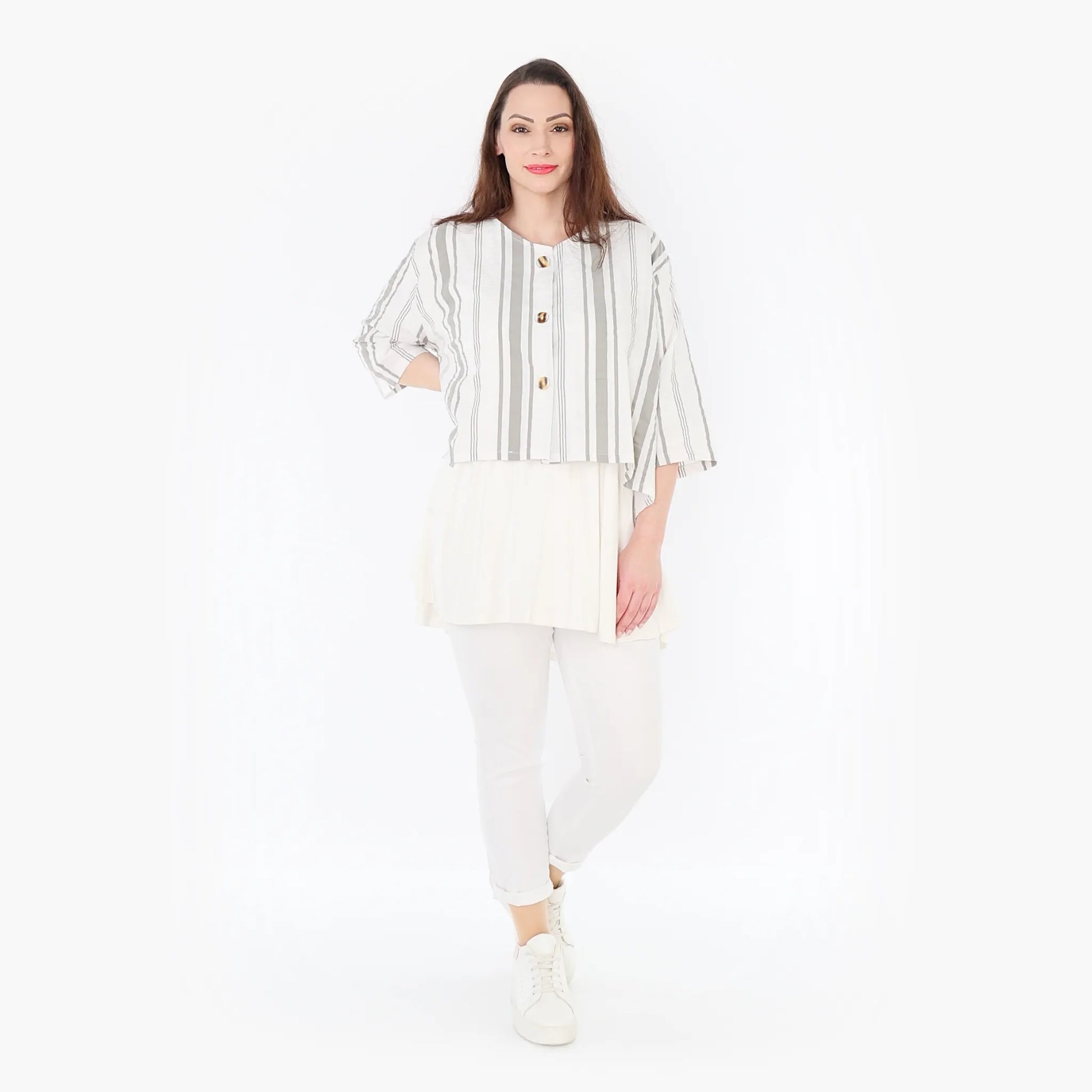  AKH Fashion Jacke in gerundeter Form, aus Baumwolle, 1420.00130, Weiß/Kiwi, Blockstreifen
