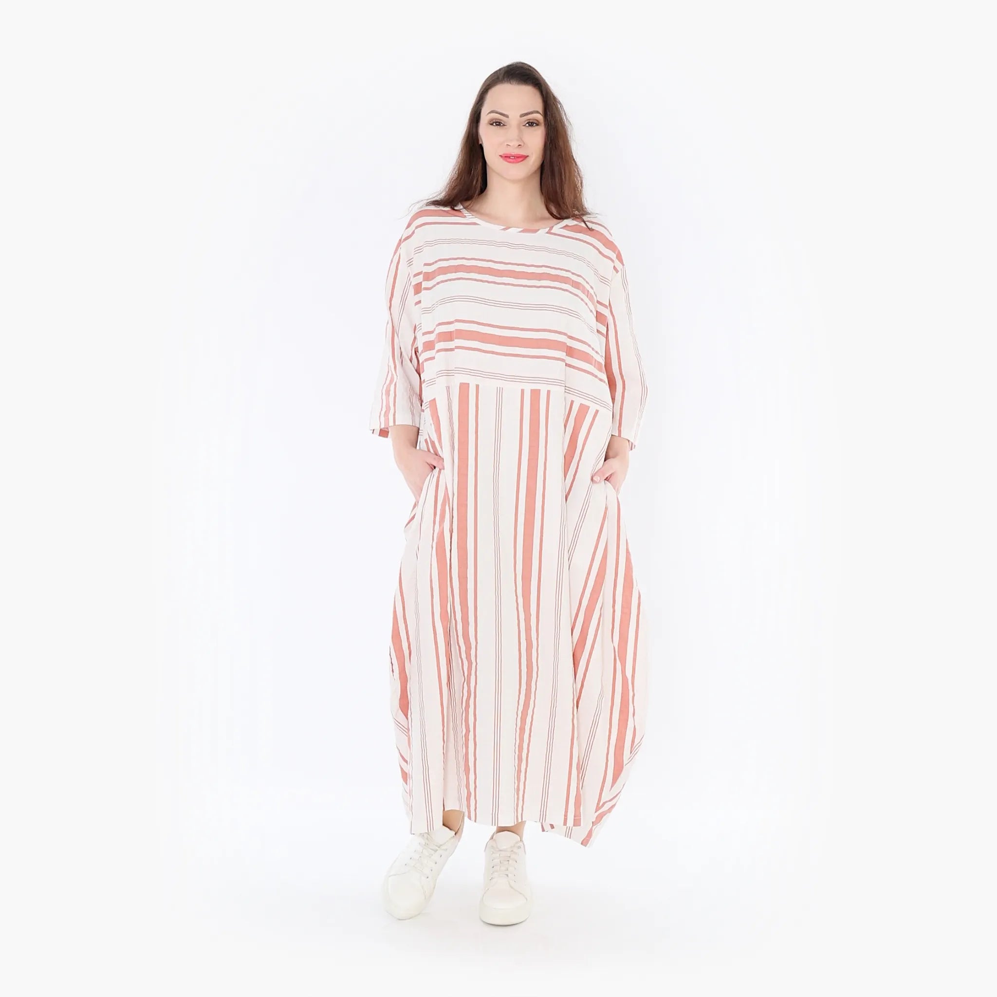  Ballonkleid von AKH Fashion aus Baumwolle, 1420.01926, Weiß/Apricot, Blockstreifen, Schick
