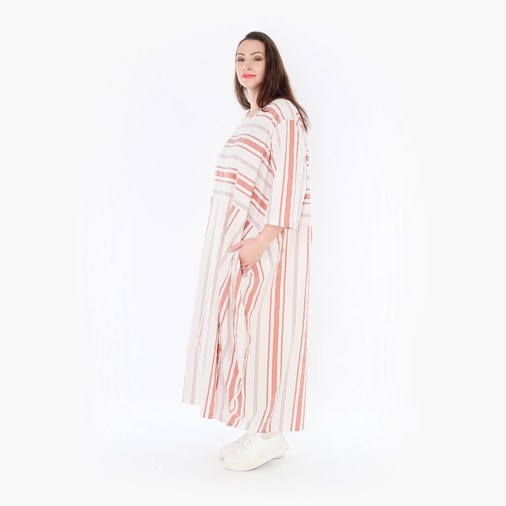 Ballonkleid von AKH Fashion aus Baumwolle, 1420.01926, Weiß/Apricot, Blockstreifen, Schick