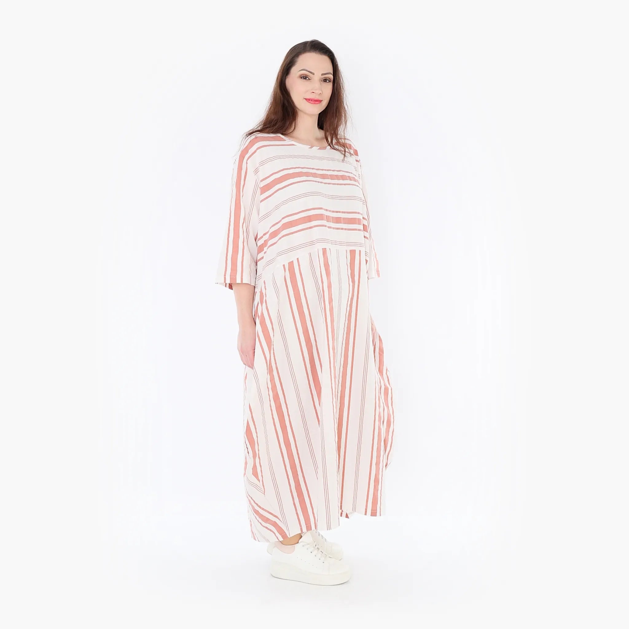  Ballonkleid von AKH Fashion aus Baumwolle, 1420.01926, Weiß/Apricot, Blockstreifen, Schick